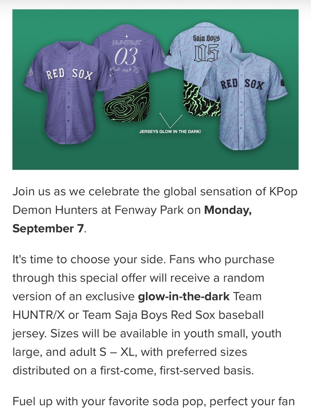 Netflix Red Sox Glow Baseball Jersey - KPop Demon Hunters Saja Boys